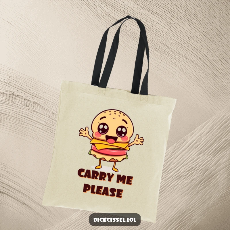 Funny burger character tote bag, with googly eyes and flailing arms, great for shopping.