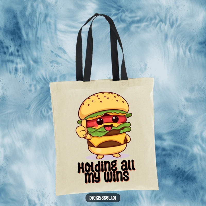 Funny Tote Bag featuring a happy burger character giving a strong thumbs up, ideal for carrying groceries with a side of humor.