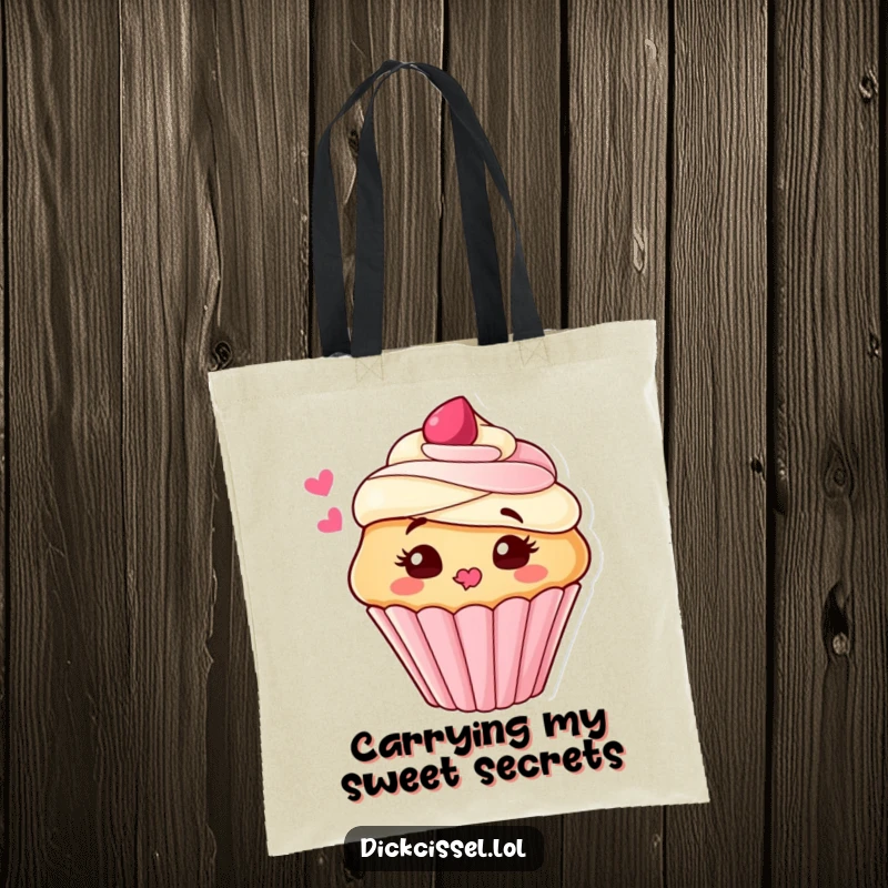 Funny Tote Bag displaying a cute cupcake character blowing a sweet kiss of frosting, perfect for carrying goodies with style.