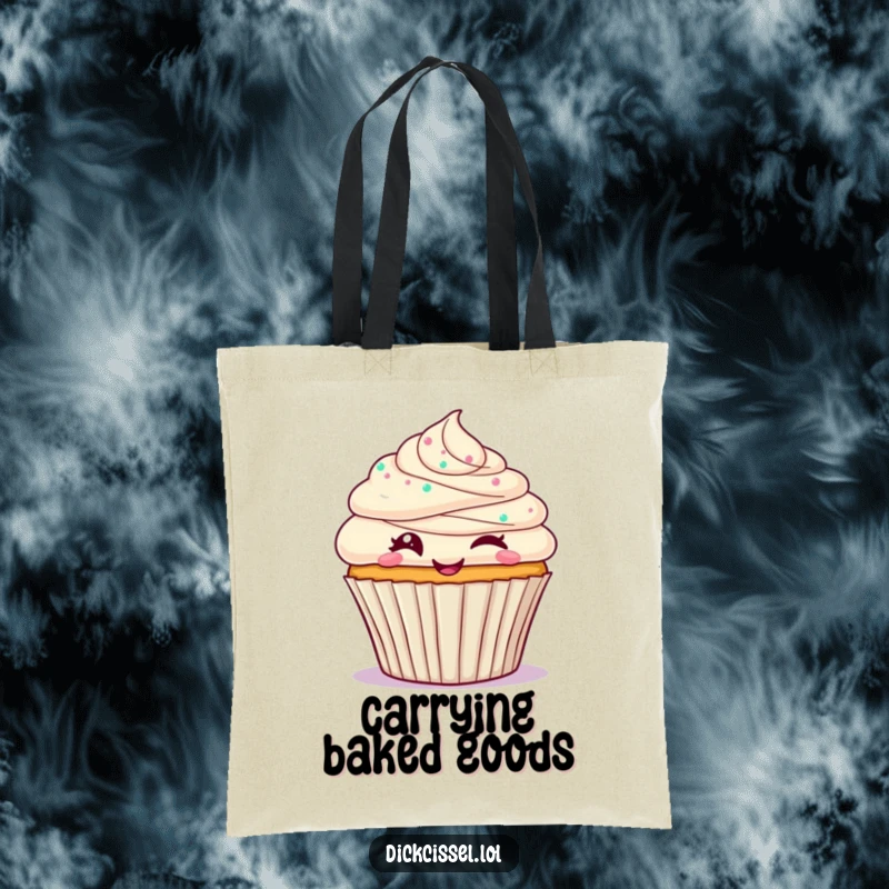 Funny cupcake tote bag featuring a frosted cupcake character winking playfully, ideal for adding a touch of sweet charm to daily errands.