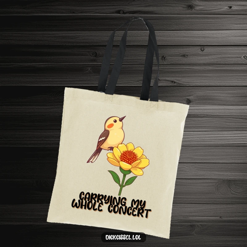 Funny Dickcissel Bird Tote Bag: A charming dickcissel bird chirping from a flower stalk, ready for adventure with style.