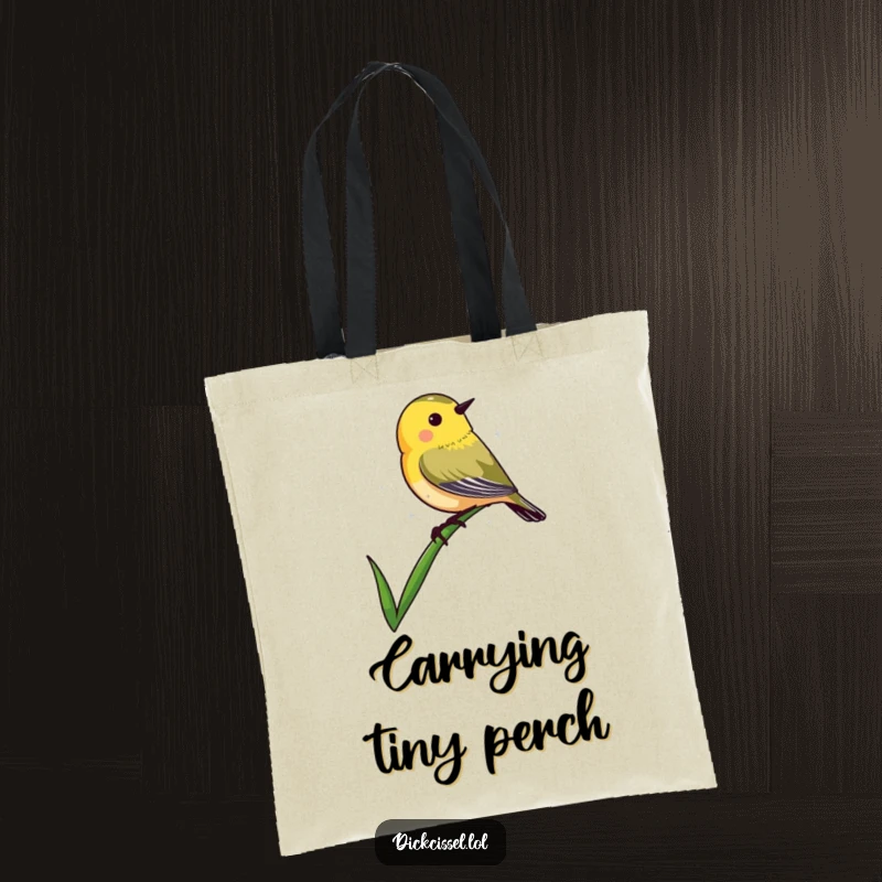 Funny tote bag illustrating a dickcissel bird shape balanced perfectly on the very tip of a slender blade of grass.