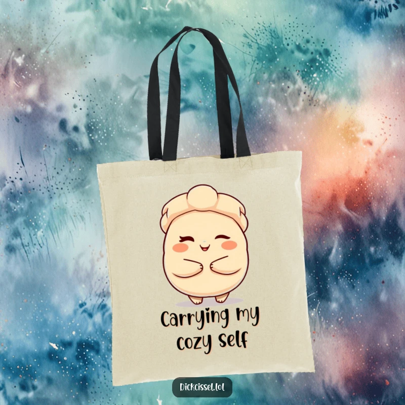 Funny Tote Bag featuring a winking dumpling character offering a warm embrace, ideal for carrying items with a dose of cute comfort.