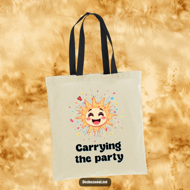 Funny tote bag graphic of a sticker depicting a lively explosion with confetti and streamers bursting outward.