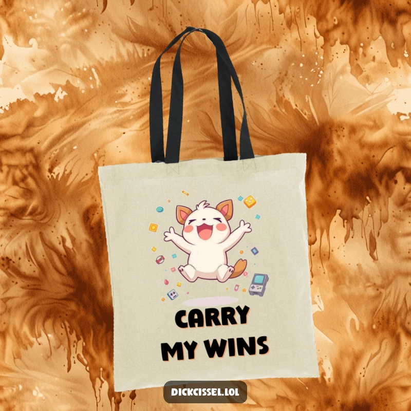 Funny creature jumping excitedly for joy, surrounded by game icons, illustrated on a stylish tote bag, perfect for gamers.