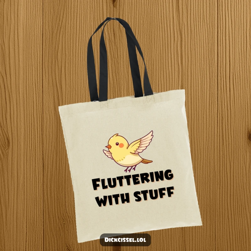 Funny tote bag with a tiny bird energetically flapping its wings, appearing to hover in mid-air.