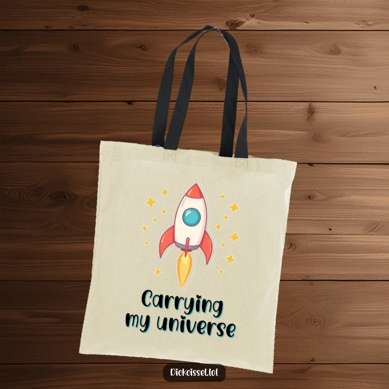 Funny rocket tote bag featuring a rocket blasting off with a trail of stars, great for adventures.
