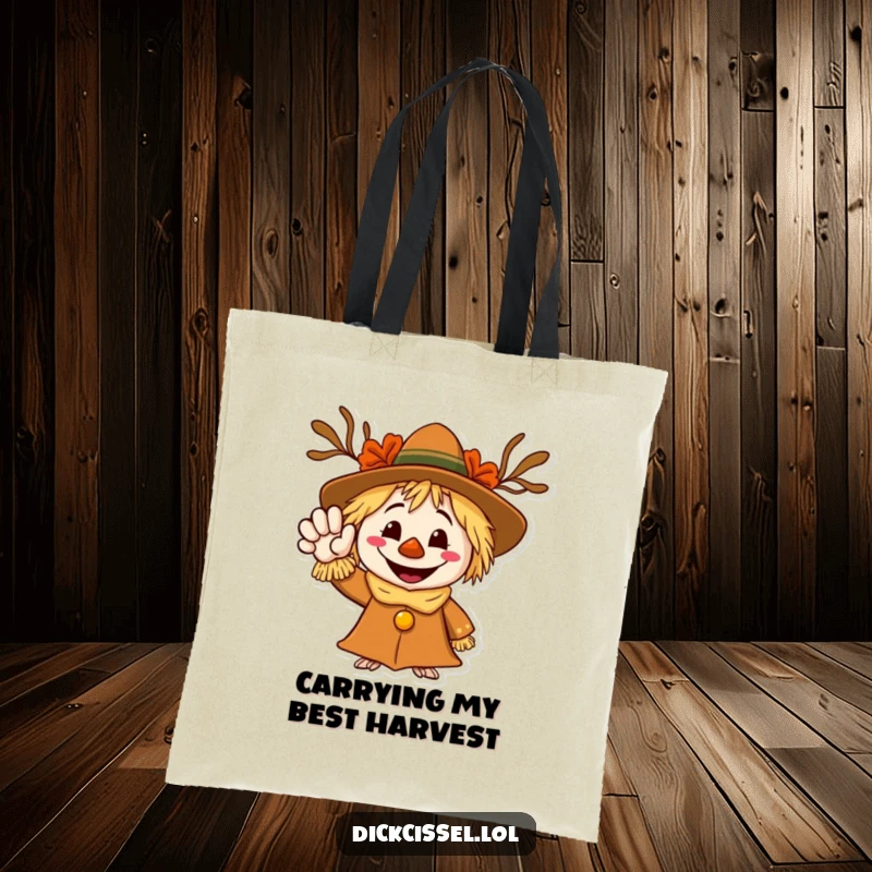 Funny tote bag depicting a grinning scarecrow character waving a friendly, welcoming hand, perfect for seasonal shopping.