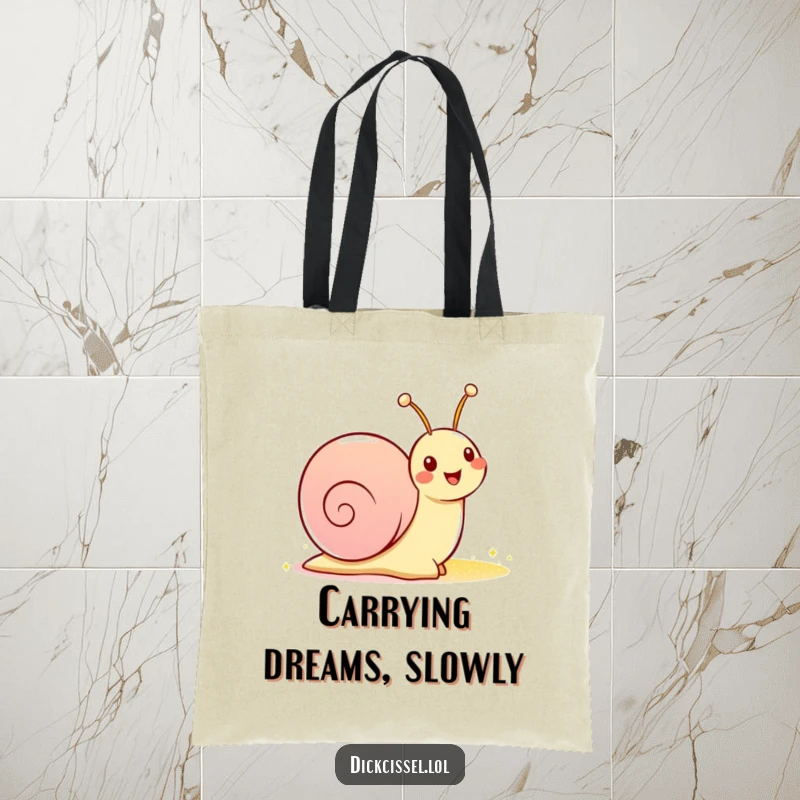 Funny tote bag depicting a gleeful snail character with its signature sparkly trail, ideal for carrying daily essentials.