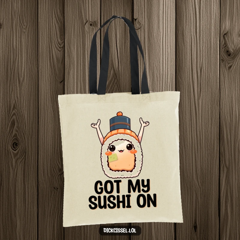 Funny sushi celebration tote bag with a sushi roll in party mode, arms up and wearing a small hat, great for carrying.