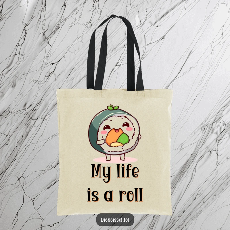 Funny sushi roll tote bag, happy character offering a bite, perfect for carrying essentials with a smile. A practical and humorous accessory.