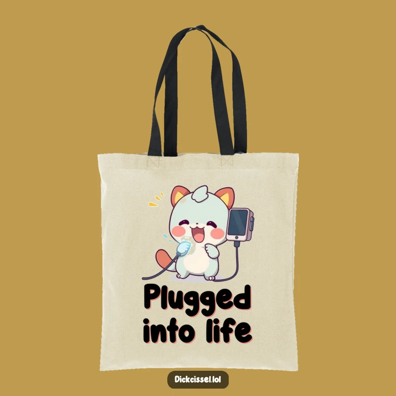 Funny Tech Carry-All Tote: Creature Plugging Glowing Cable - Stylish Geek Accessory!