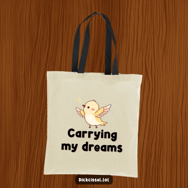 Funny tote bag featuring a tiny bird joyfully flying, wings wide, a symbol of happiness and freedom. Whimsical accessory.