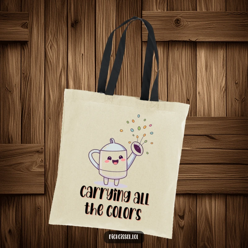 Funny watering can character artistically spraying a beautiful rainbow, ideal for carrying groceries or garden supplies.