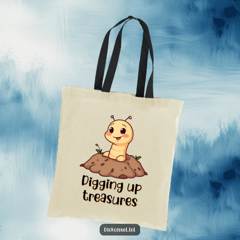 Funny tote bag with a mischievous worm character peeking out from a soil design, perfect for garden errands.