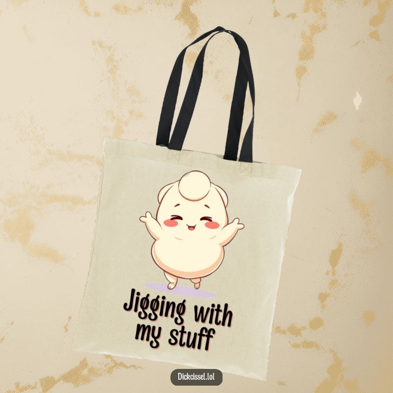 Funny tote bag featuring a winking dumpling character doing a happy jig, perfect for groceries and daily outings, a super funny gift.