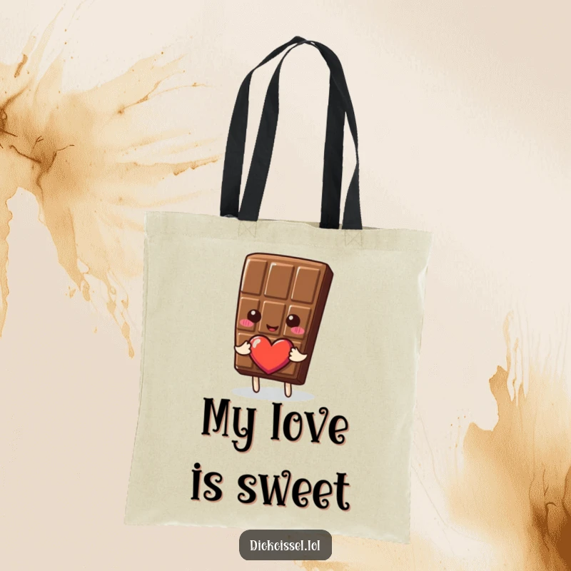 Funny Tote Bag illustrated with a delightful chocolate piece offering a heart, perfect for carrying love and daily necessities.