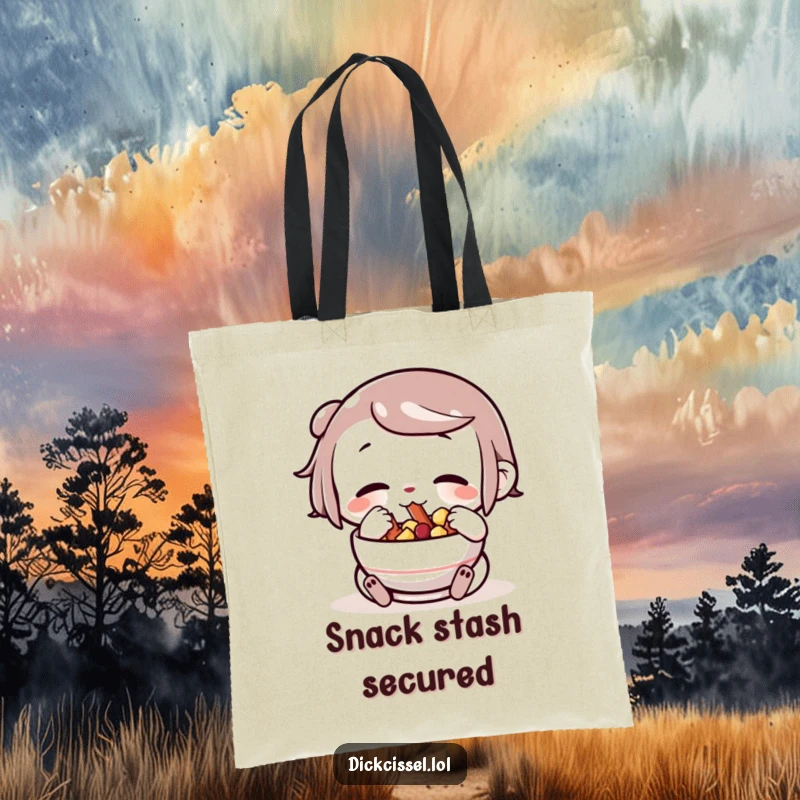 Funny character with cheeks stuffed full of snacks from a bowl, illustrated on a stylish tote bag, perfect for snack lovers.